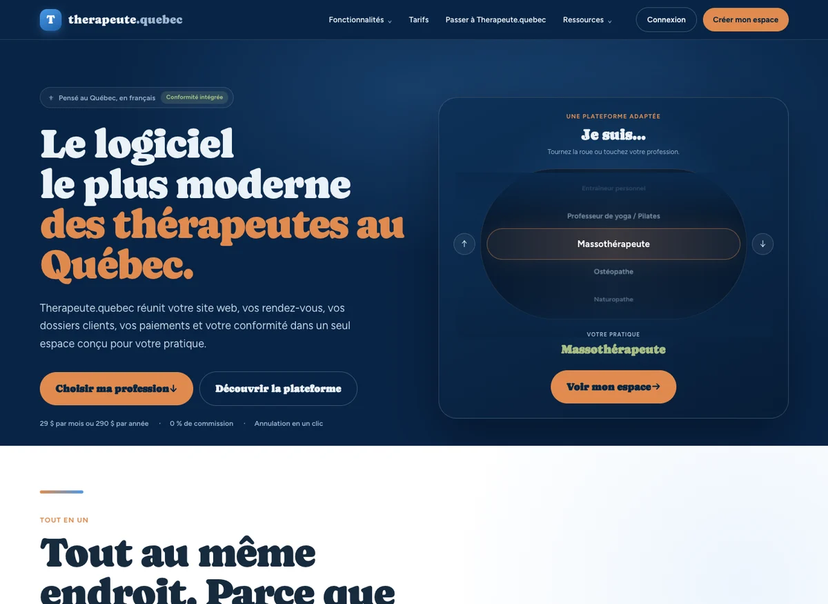 Aperçu du site de Therapeute.quebec